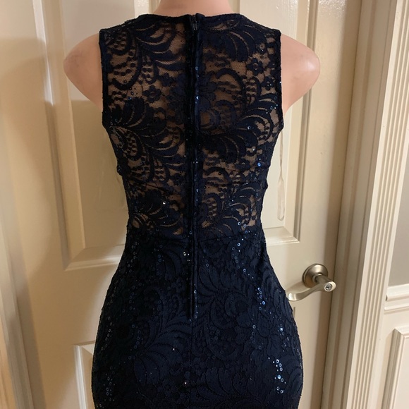 Women junior blue navy lace sequins halter bodycon mermaid maxi dress size (S) - Picture 9 of 13